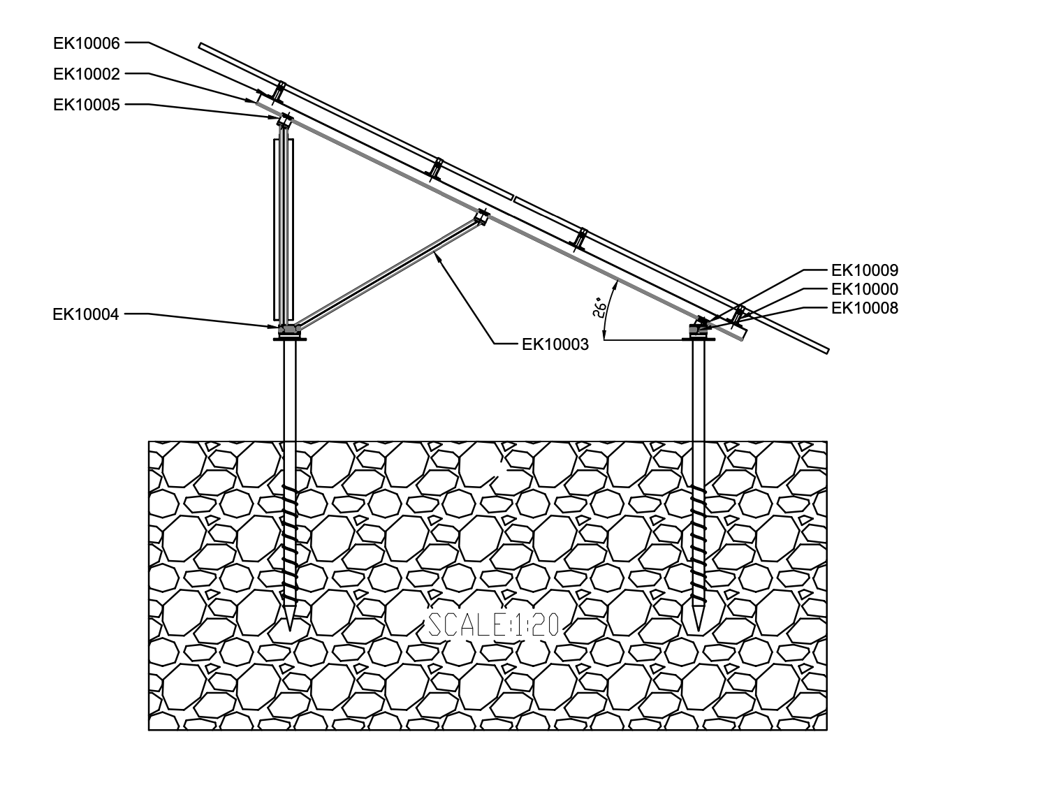 Tehnički crtež u AutoCAD-u aluminijumske solarne konstrukcije na zemlji